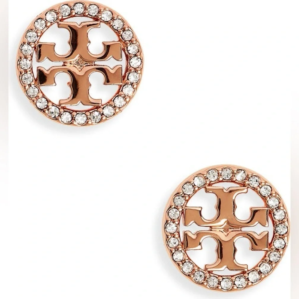 NWT Tory Burch Icon Pavé Circle Stud Earrings Rose Gold/Crystal OS Old Money
